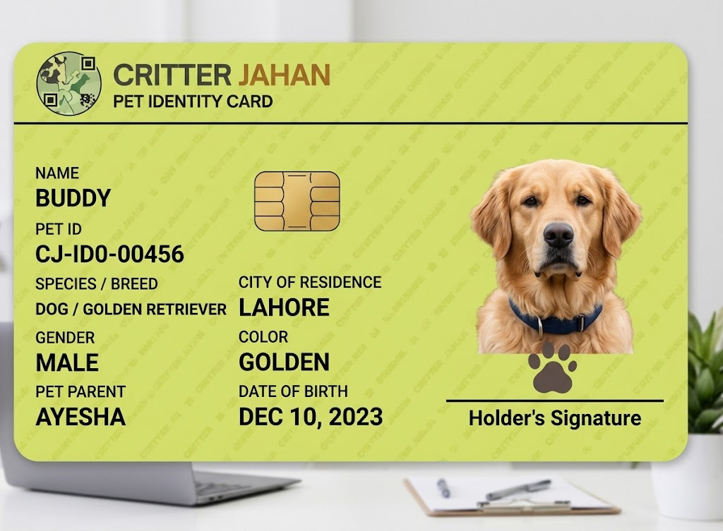 Official Critter Jahan pet identity card shown on the Critter Jahan Instagram profile